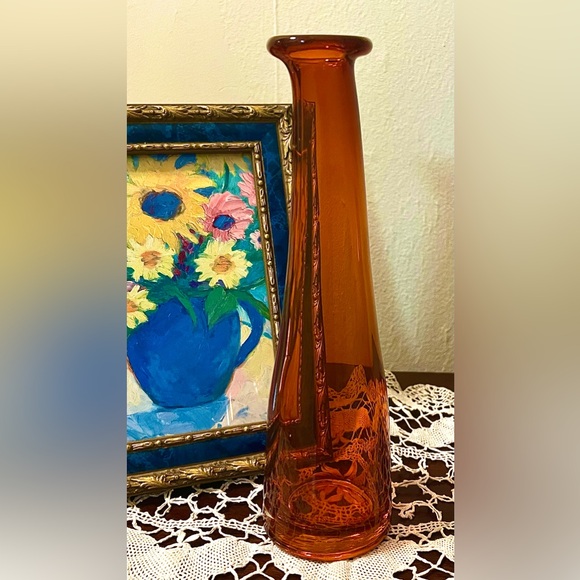 Vintage Permission Dark Orange Hand Blown  Skinny Swung Bud Vase 10” - Picture 10 of 10